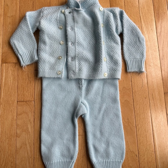 julius berger Other - Vintage Julius Berger Baby
Blue 2-Piece Knit Cardigan and Stirrup Romper Set !!